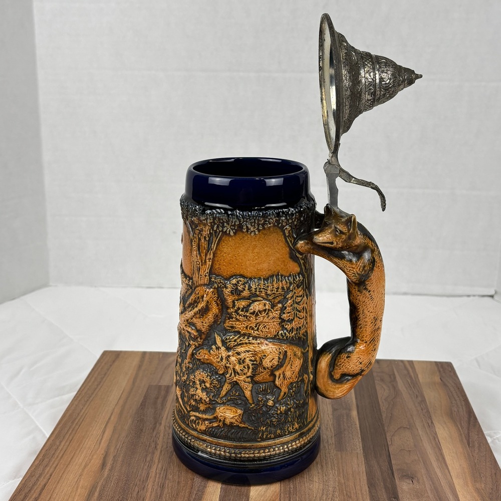 Gerz‎ West Germany Fox Handle Beer Stein Hunting Scene Pewter Lid 32oz Vintage